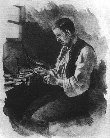 Poslední hrozenkovský výrobce dřevěných dýmek Martin Tkadleček na akvarelu Adolfa Liebschera z roku 1886