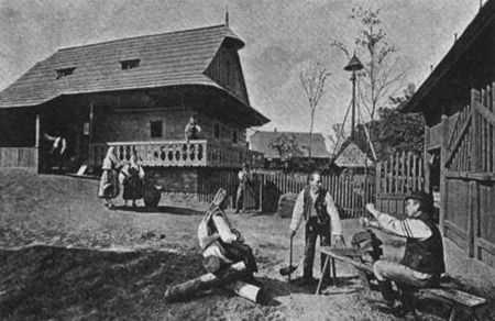 Část valašské vesnice na NVČ v Praze 1895 s hrozenkovskou chalupou (František Krátký, 1895)